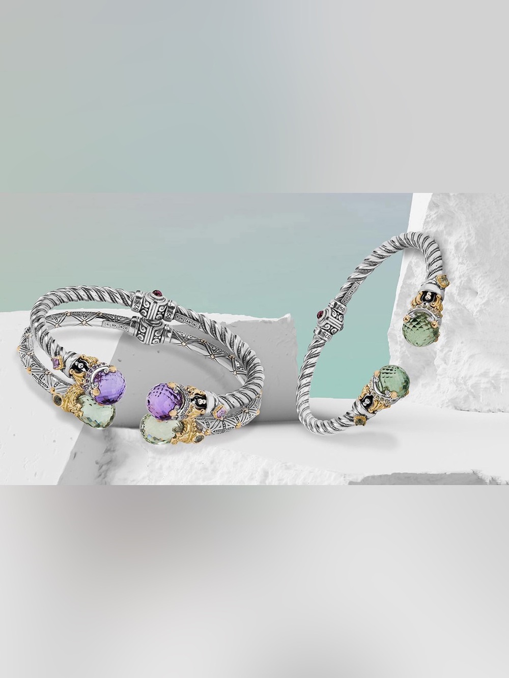 Konstantino Sterling Silver & Green Quartz Twisted Open Cuff with Gold Accents